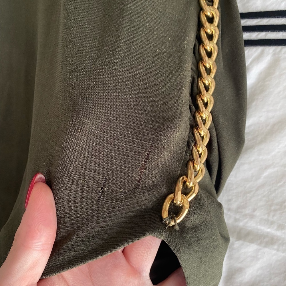 Retrofete- Olive Green “Chessie” Mini Bodycon Dress with Gold Chain Detail - Picture 14 of 14